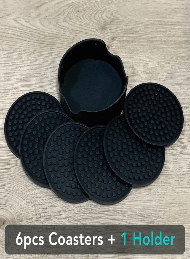 SOTECH Silicone Coasters Set of 6 Thickened Drink Coasters with Holder - Cup Mat - Non-Slip, Non-Stick, Stay Put, Deep Tray - Prevents Furniture and Tabletop Damages Black (Sharp cornor) - Image 2